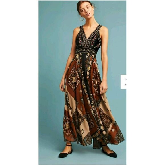 Anthropologie Raga Shenia Embroidered Sleeveless Maxi Dress Size LP Velvet Beads - Picture 8 of 9